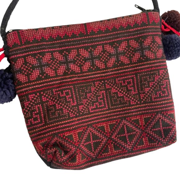 Women's Mini PomPom Crossbody Printed Abstract Zip Pouch Red - Picture 8 of 9